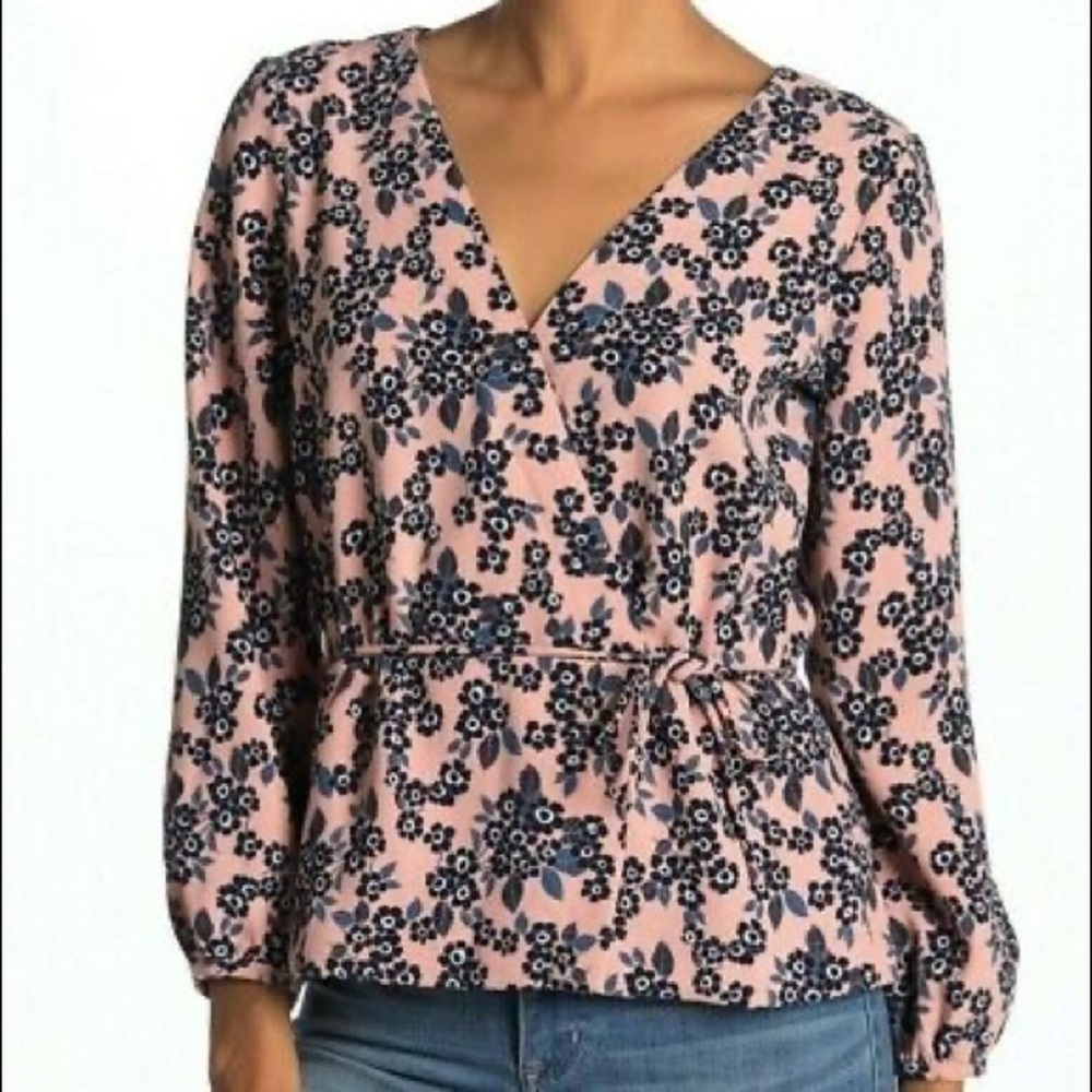 J.Crew Drapey Crepe Faux Wrap Top in Blush Bouquet